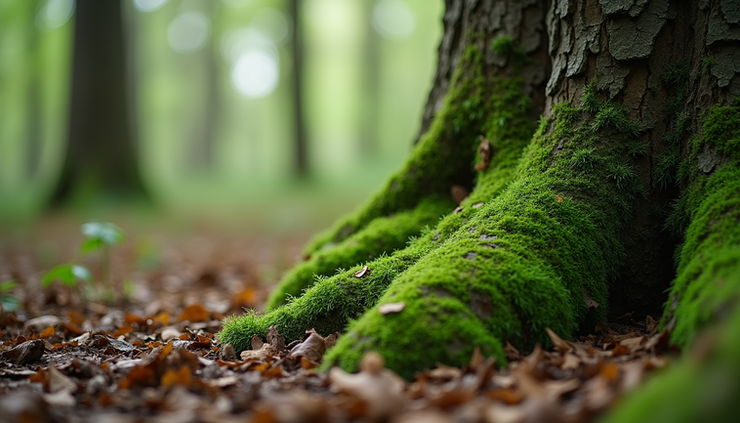 Close-up view of moss-covered tree trunk and forest floor in Białowieża Forest