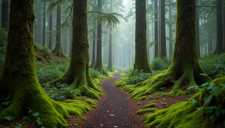 Wide angle view of Hoh River Trail surrounded by moss-covered trees