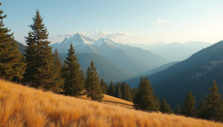 High angle view of golden ridges with pine trees and distant mountain peaks in Teanaway Backcountry