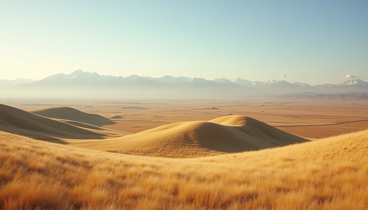 Wide angle view of golden ridges under clear blue sky in Teanaway Backcountry