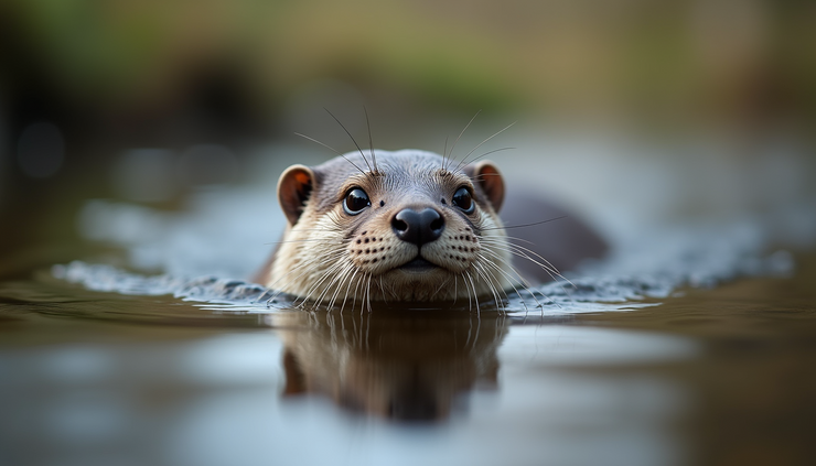 Eye-level close-up of adult Eurasian otter swimming in clear river water
