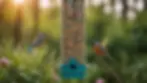 Eye-level view of a colorful tube feeder filled with birdseed