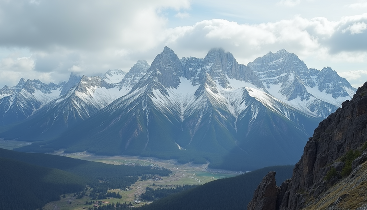 Wide angle view of sharp silver-gray peaks of the Pioneer Mountains rising above open valleys