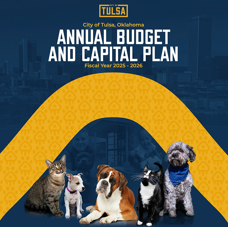 Five pets (cats and dogs) sit on a blue, city-themed background with gold patterns. Text reads "City of Tulsa Annual Budget and Capital Plan."