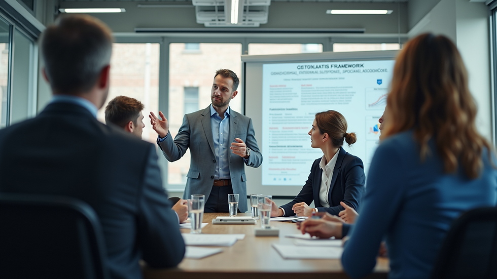 Close-up view of a consultant presenting governance framework to executives