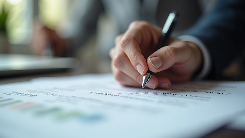 Close-up view of a professional’s hand reviewing governance documents on a desk