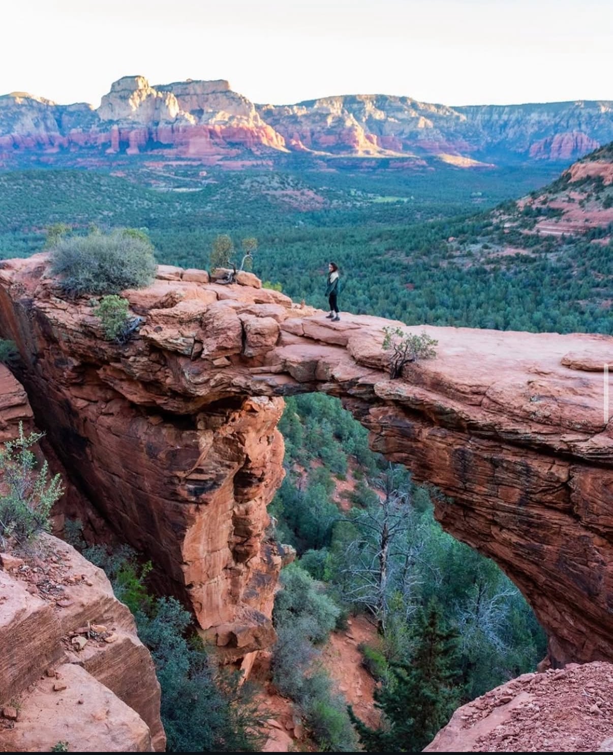 A hiker standing on the sandstone span of Devil's Bridge above the Sedona forest