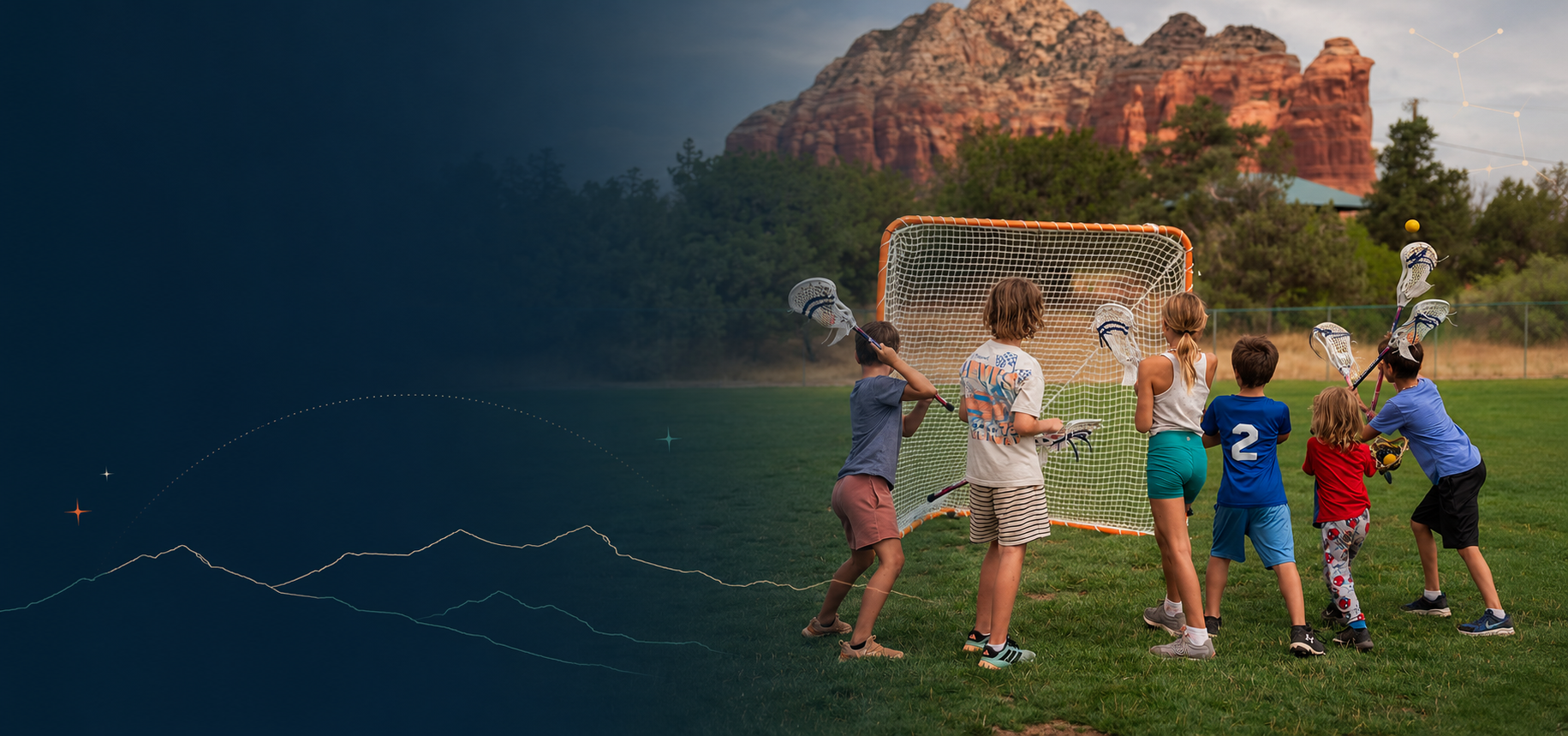 Young lacrosse players at Posse Grounds Park, with Sedona’s red rocks behind them