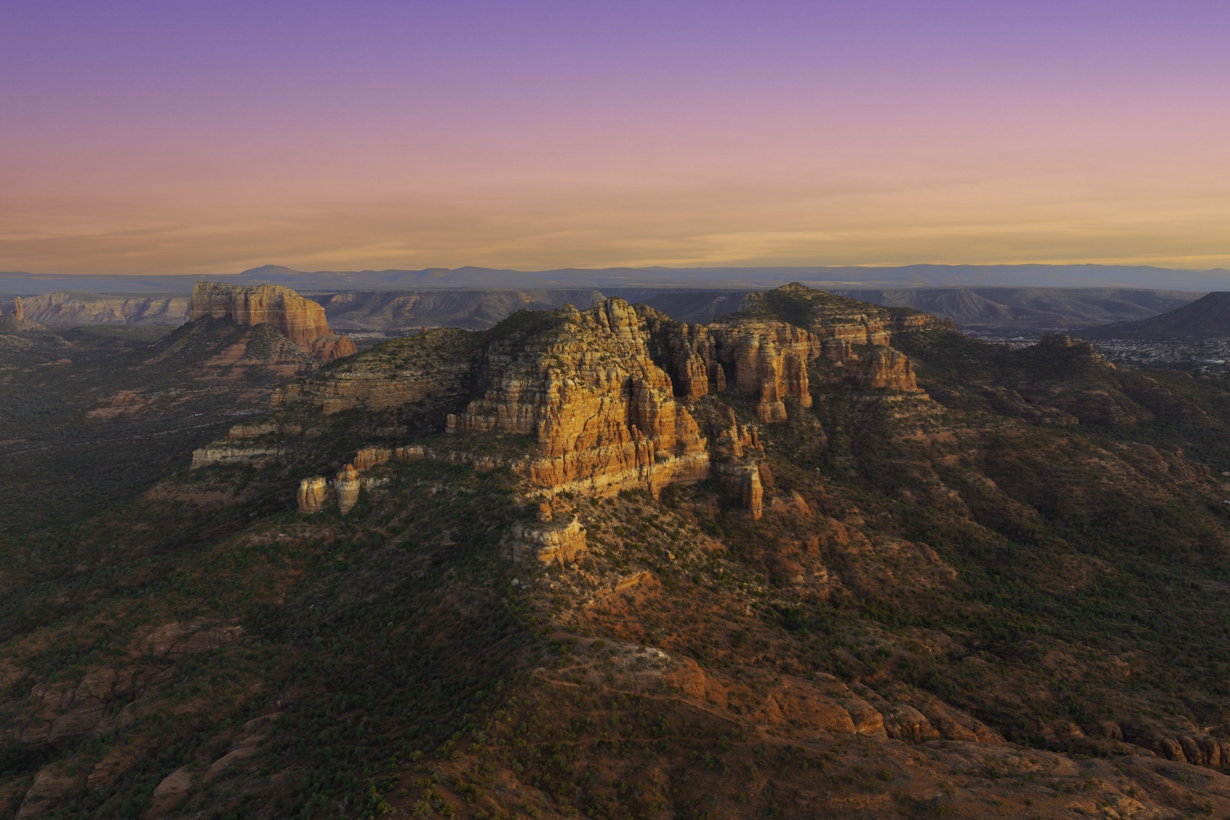 Aerial view across Sedona and its red rock formations after the Pocket Fire.