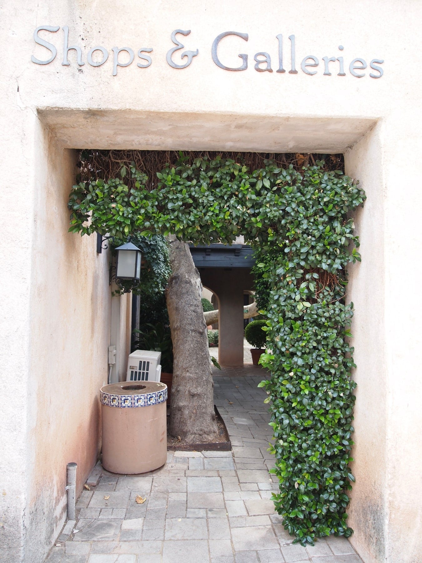 Courtyard architecture and greenery at Tlaquepaque Arts and Shopping Village in Sedona
