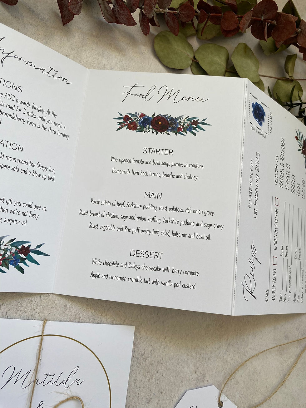 Thumbnail: Burgundy & Blue Flowers Folded Wedding Invitations - White