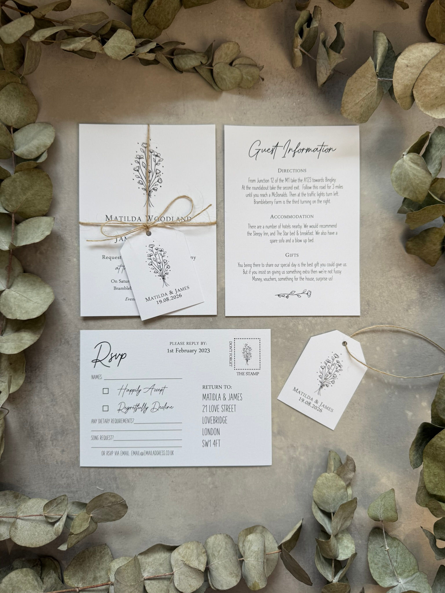 Floral Outline Wedding Invitations -White