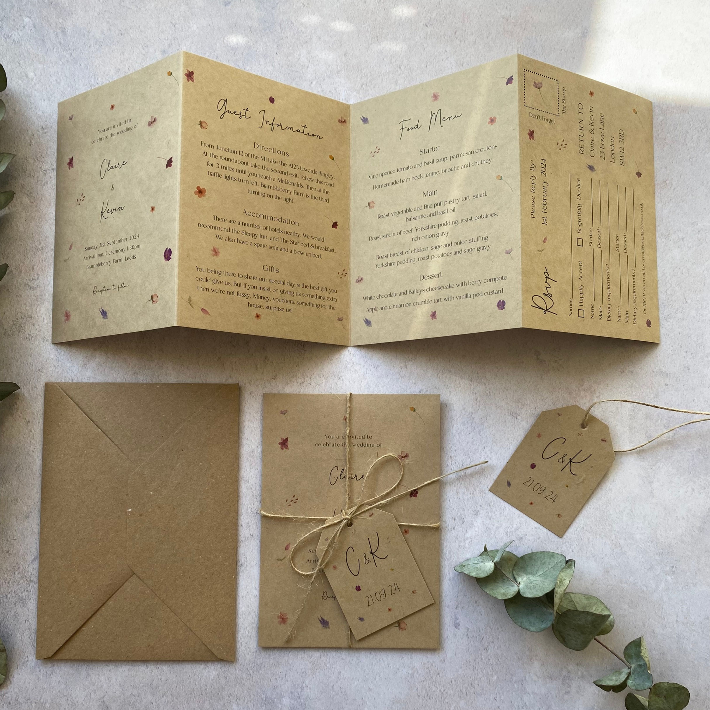 Scattered Wildflower Folded Wedding Invitations - Kraft
