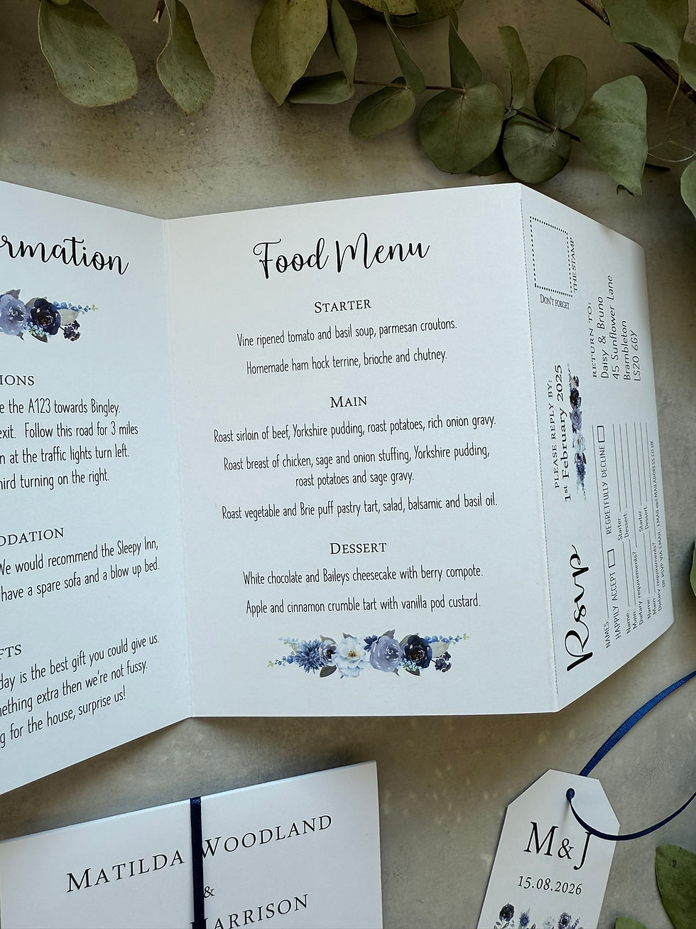 Thumbnail: Dark Blue Meadow Folded Wedding Invitations - White