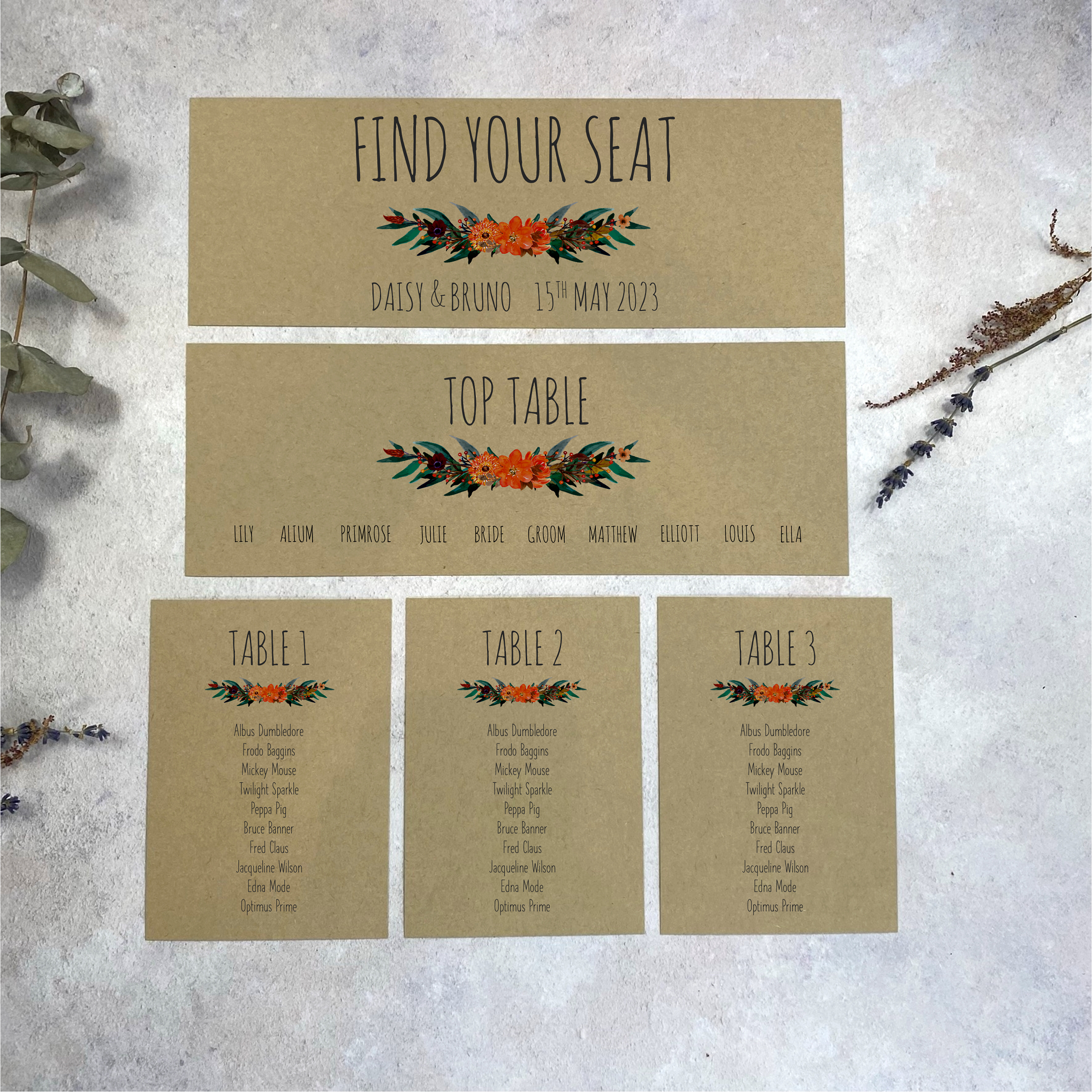 Burnt Orange Individual Table Plan Cards - Kraft