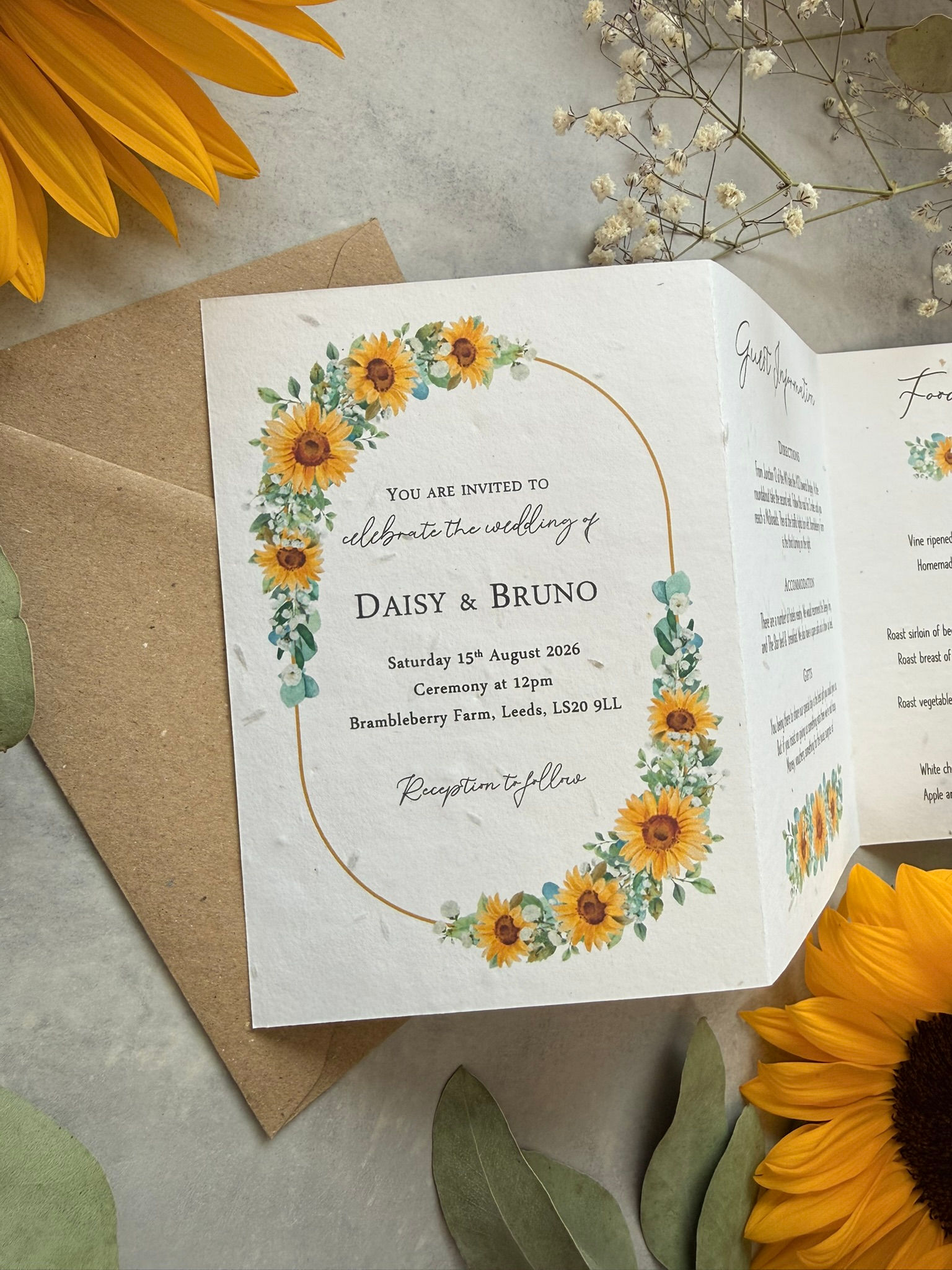 Sunflower and Gypsophila Folded Wedding Invites - Seed Paper