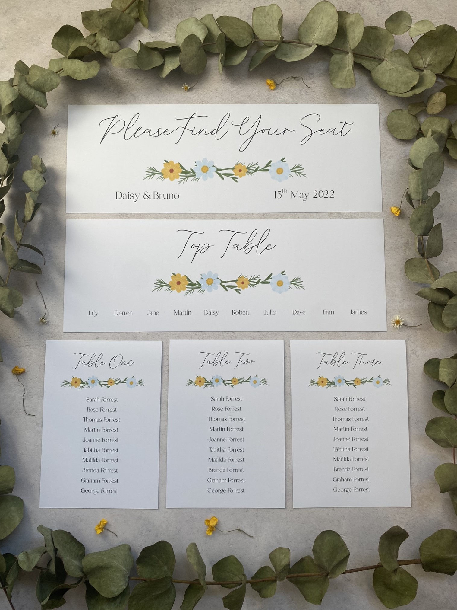 Daisy Wildflower Individual Table Plan Cards - White