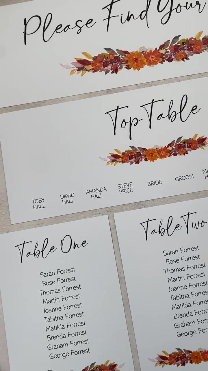 Thumbnail: Autumn Orange Individual Table Plan Cards - White