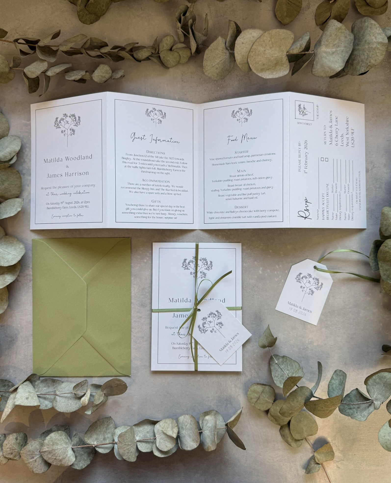 Gypsophila Outline Folded Wedding Invitations - White