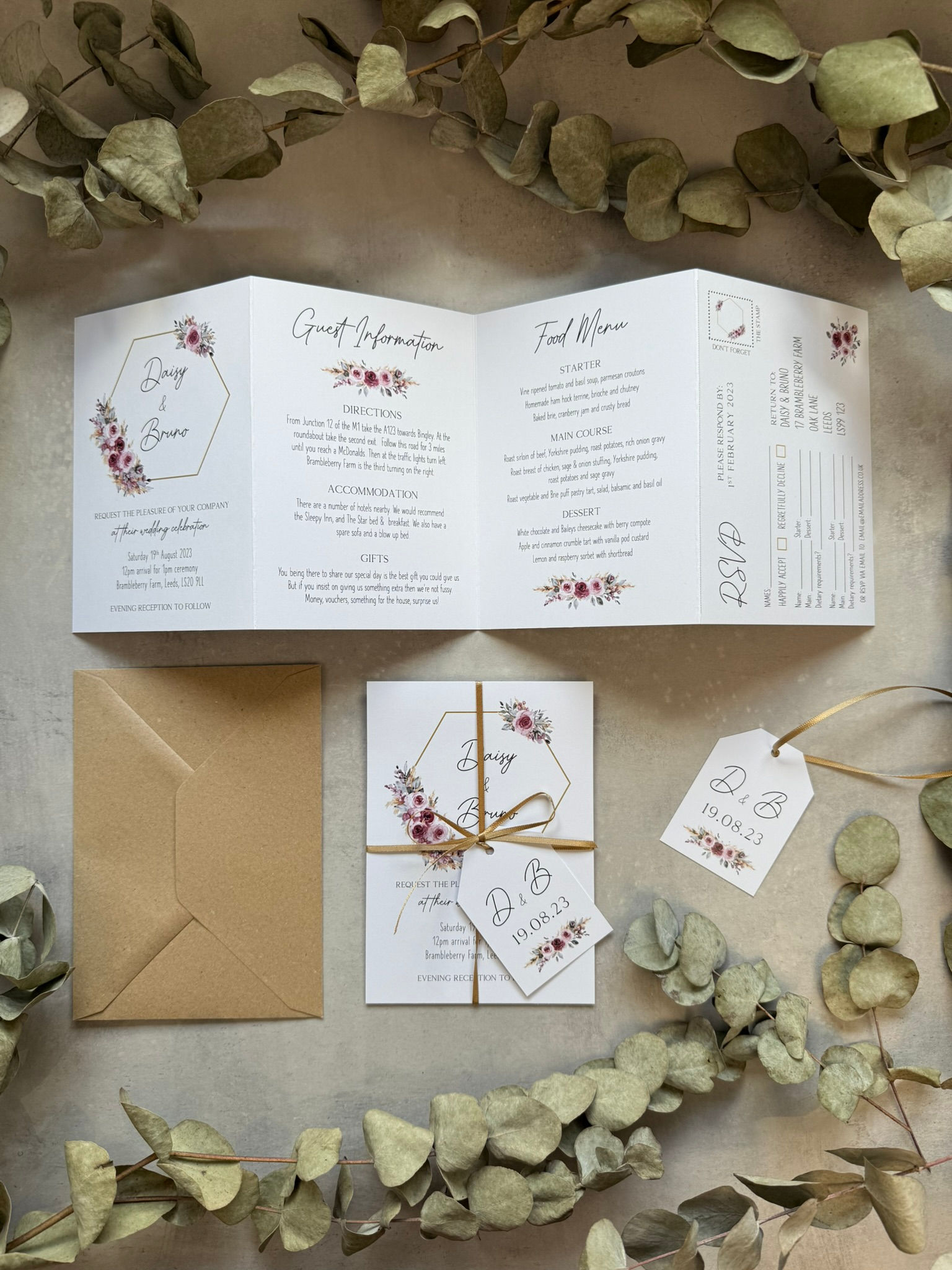 Dusty Pink & Pampas Folded Wedding Invitations - White