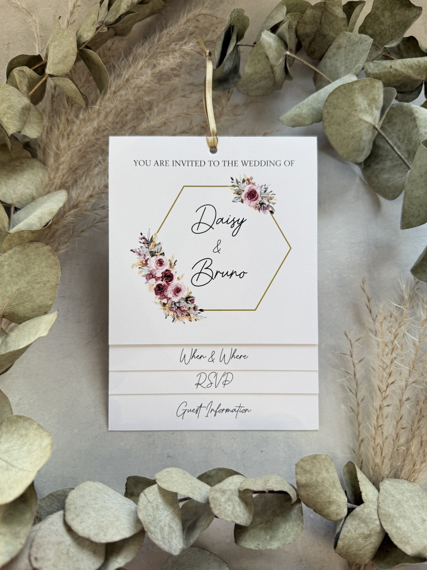 Dusty Pink & Pampas Tiered Wedding Invites - White