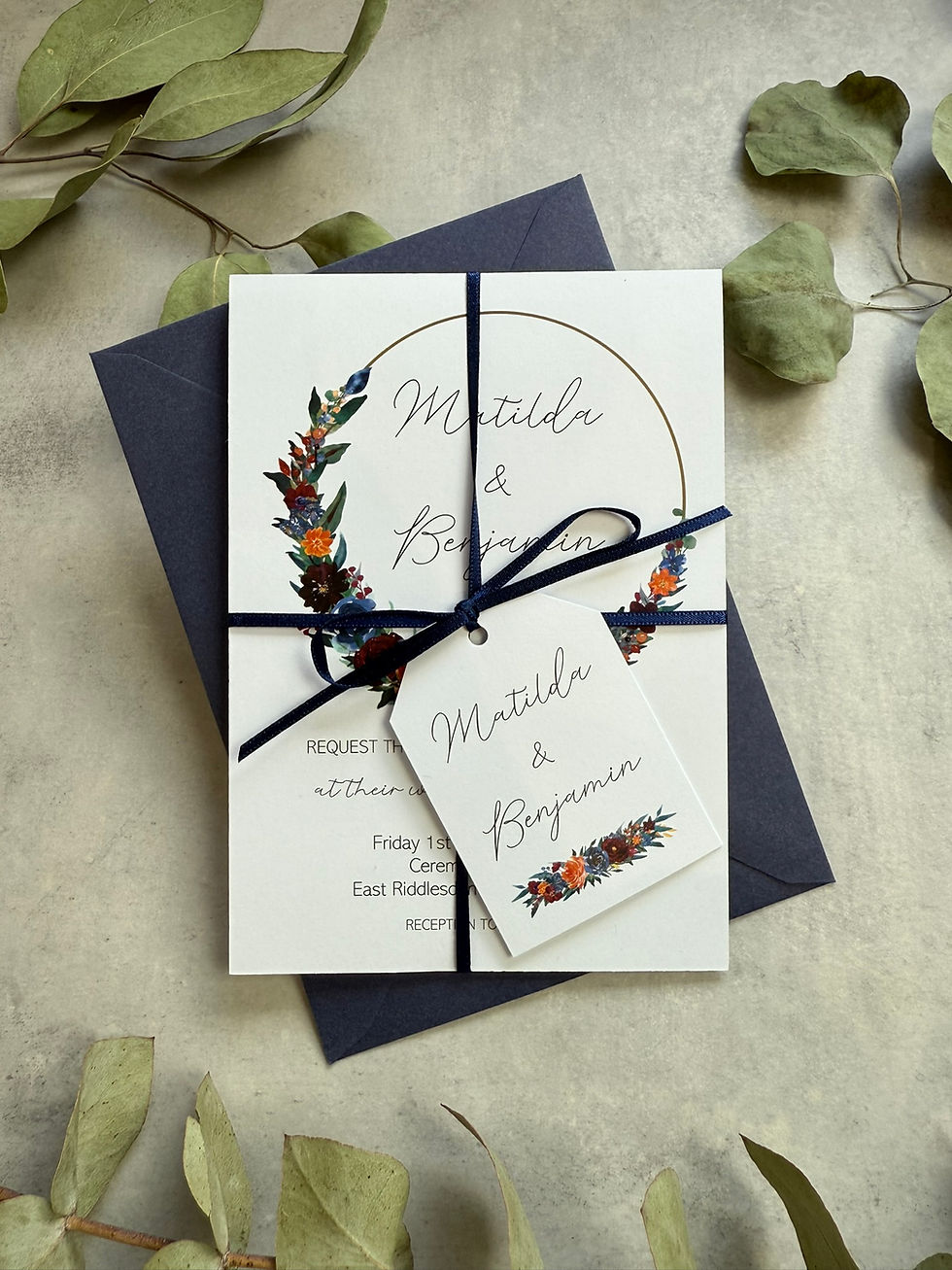 Thumbnail: Burgundy, Orange & Blue Wedding Invitations - White