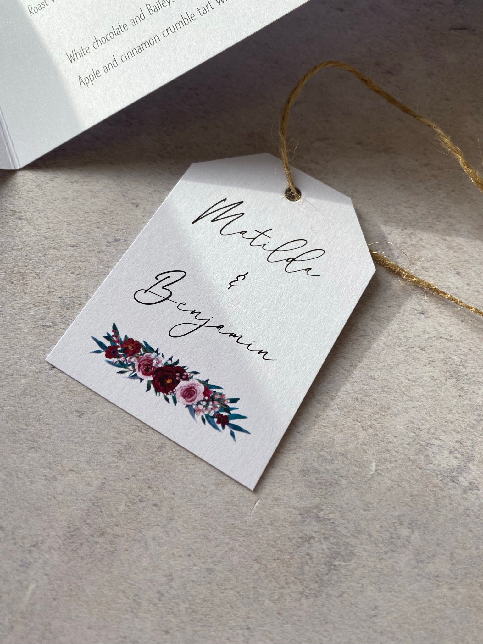 Burgundy & Pink Flowers Wedding Favour Tags -White