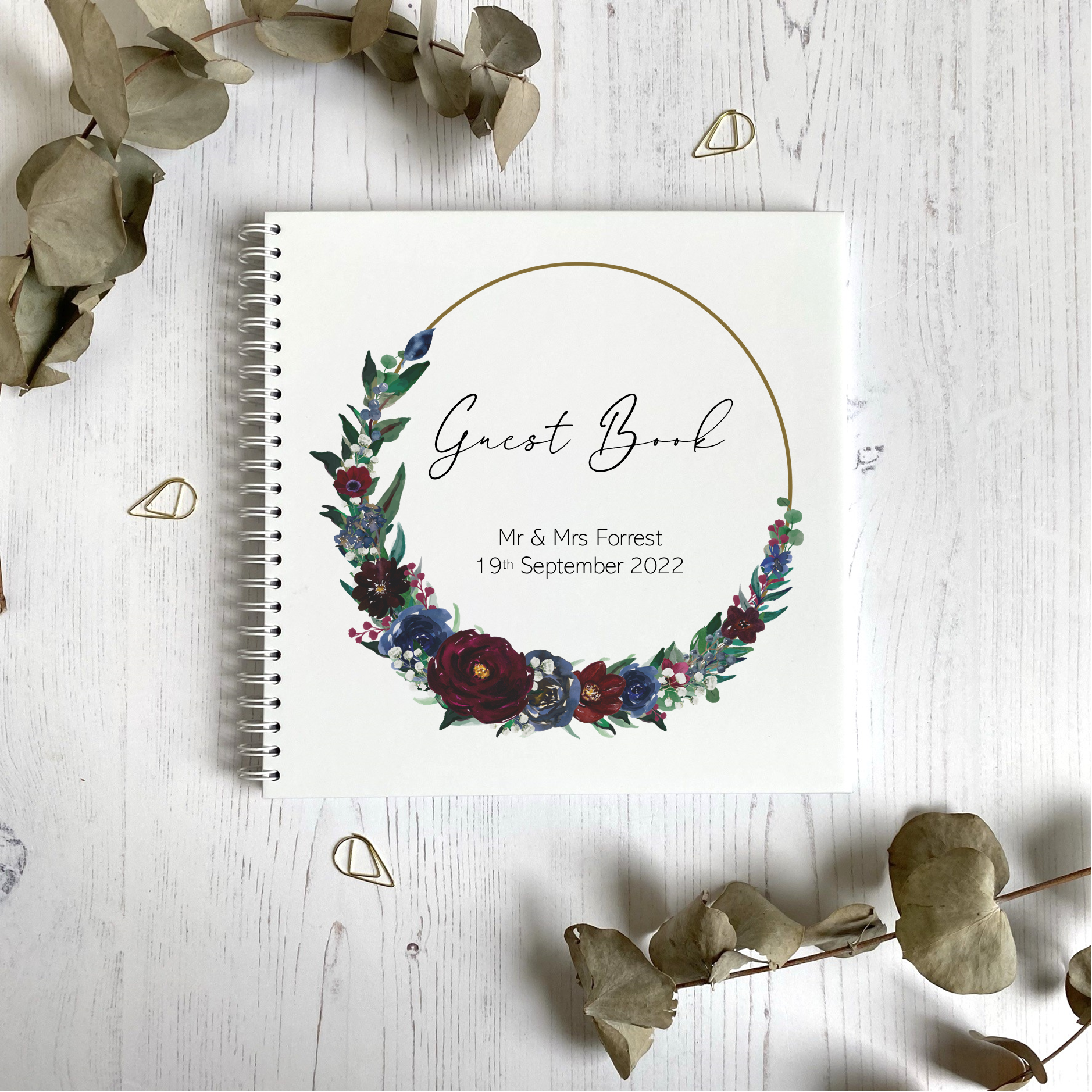 Guest Book - Burgundy & Blue Flowers