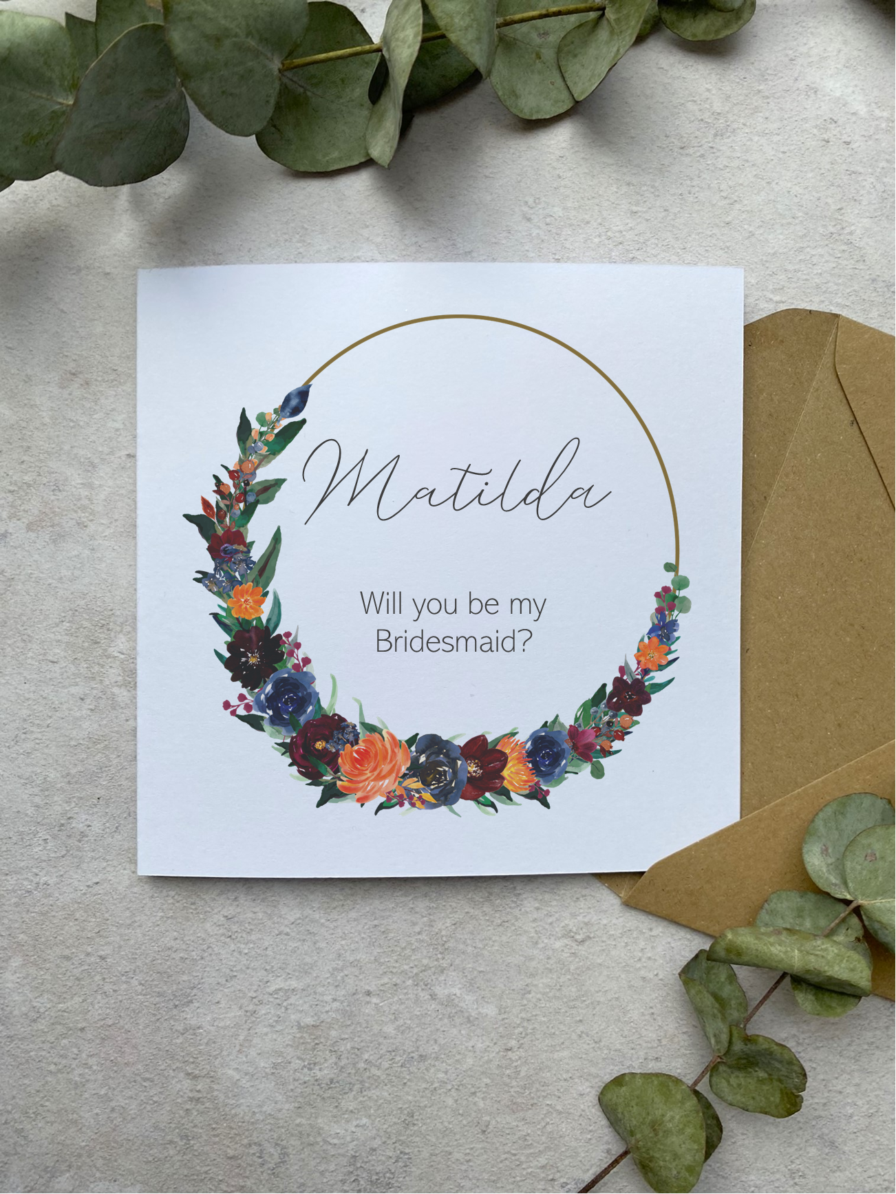 Bridesmaid Proposal Card - Burgundy Orange and Blue