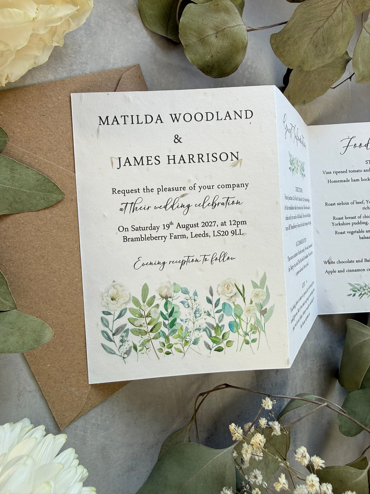 Green and White Meadow Folded Wedding Invites - Seed Paper