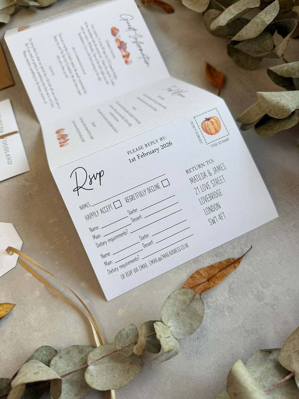 Thumbnail: Pumpkin Garland Folded Wedding Invitations - White