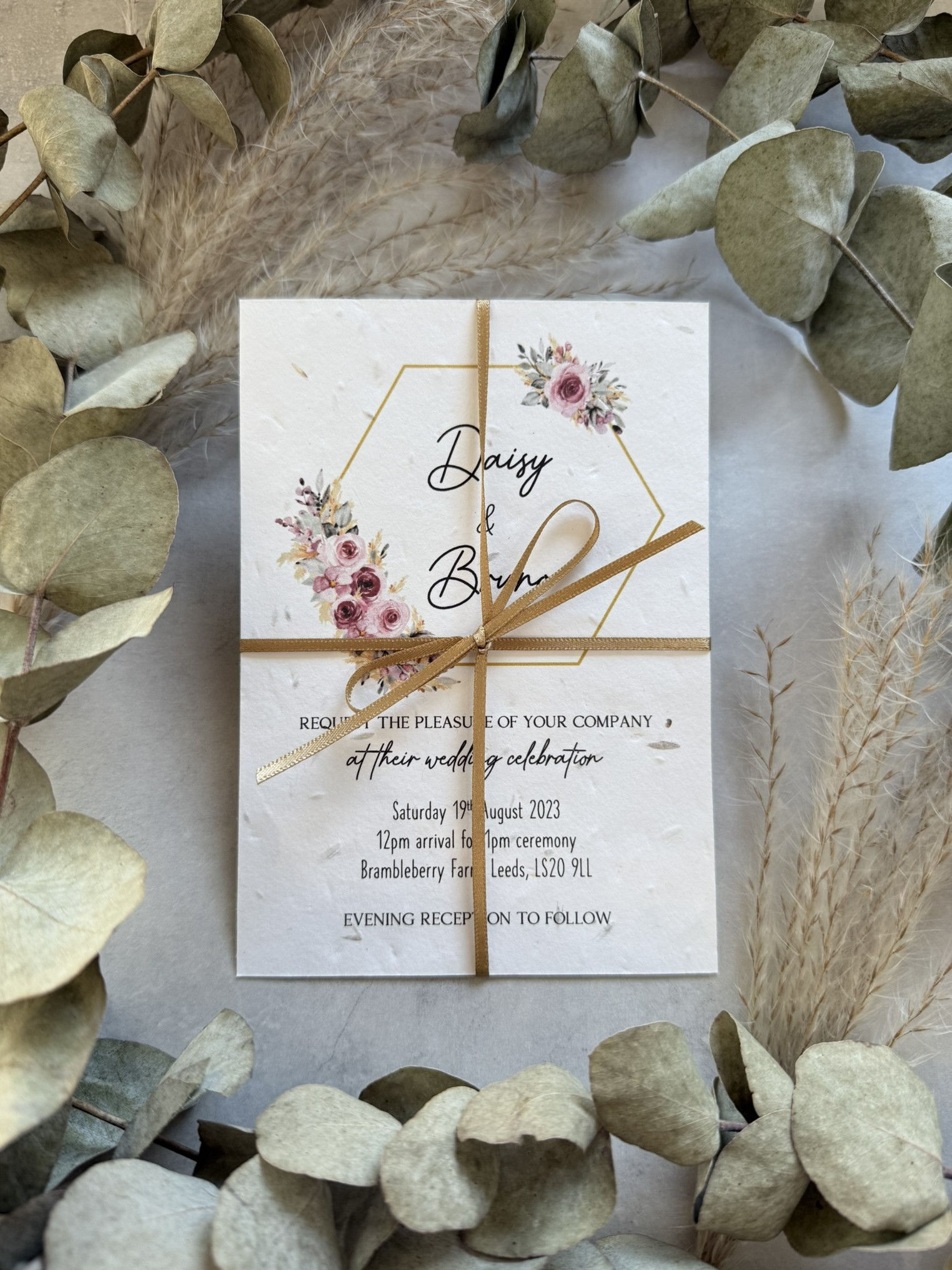 Seed Paper Wedding Invitation - Dusty Pink & Pampas
