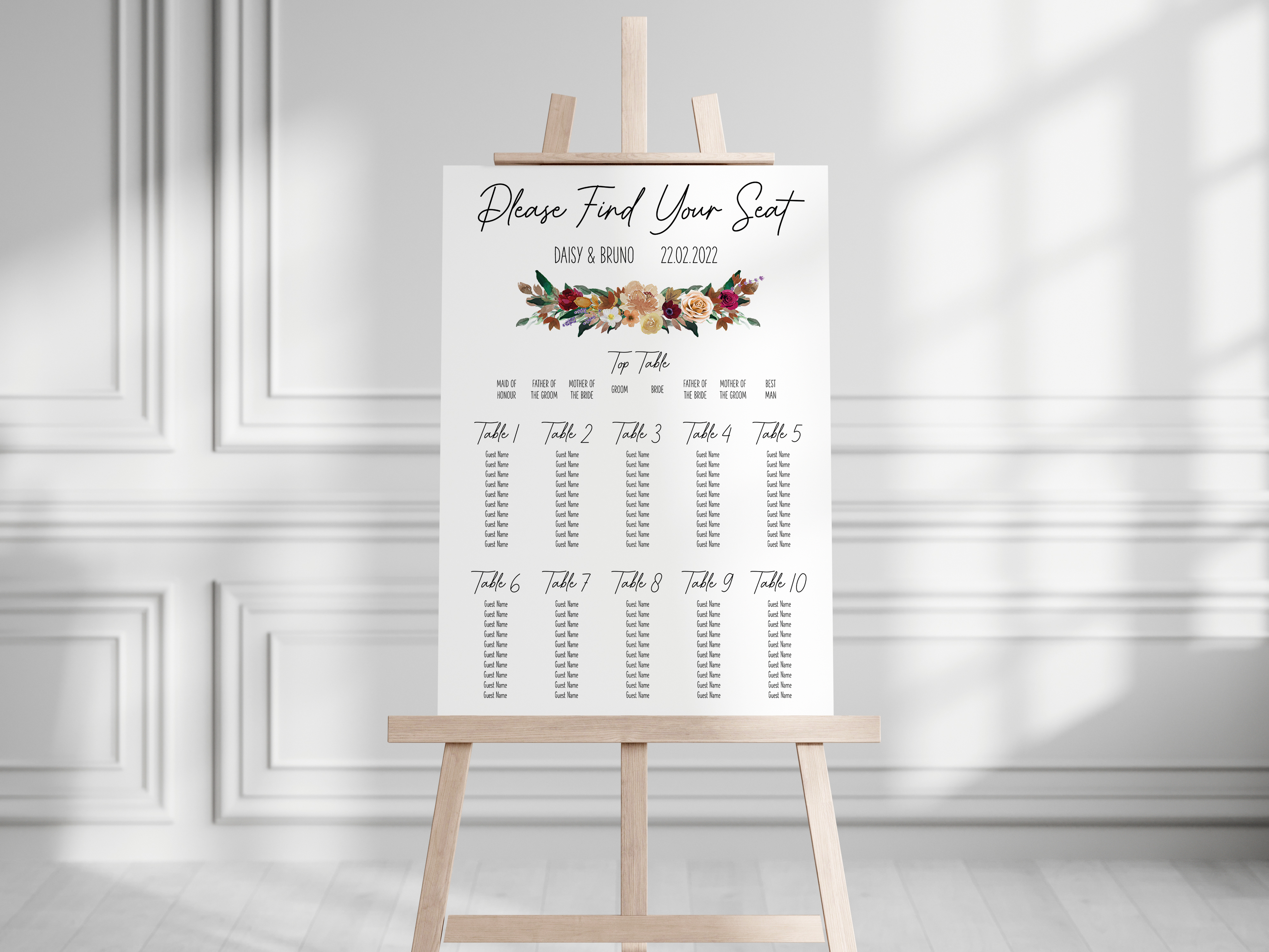 Burgundy Boho Table Plan - White
