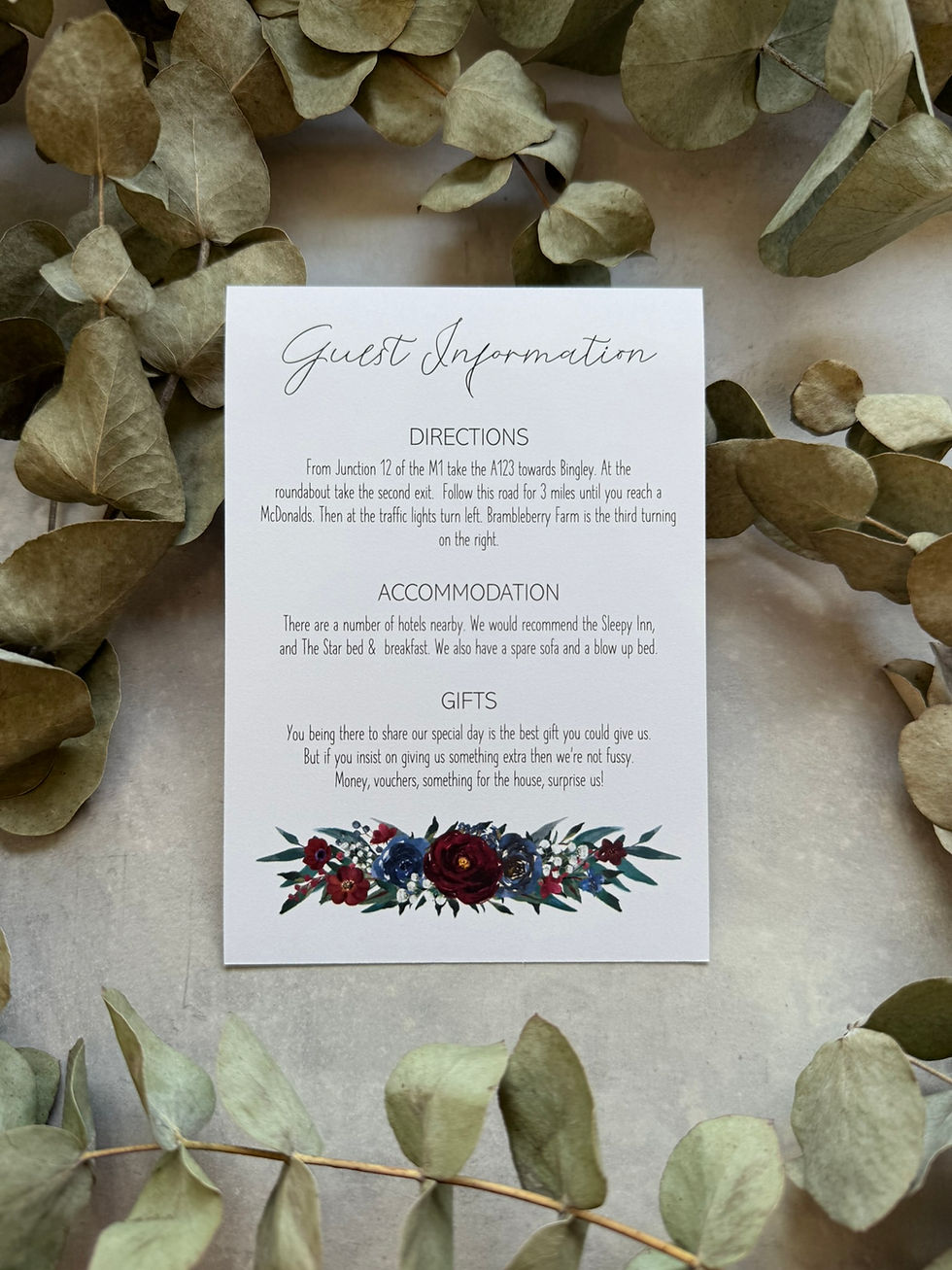Thumbnail: Burgundy & Blue Flowers Wedding Invitations - White