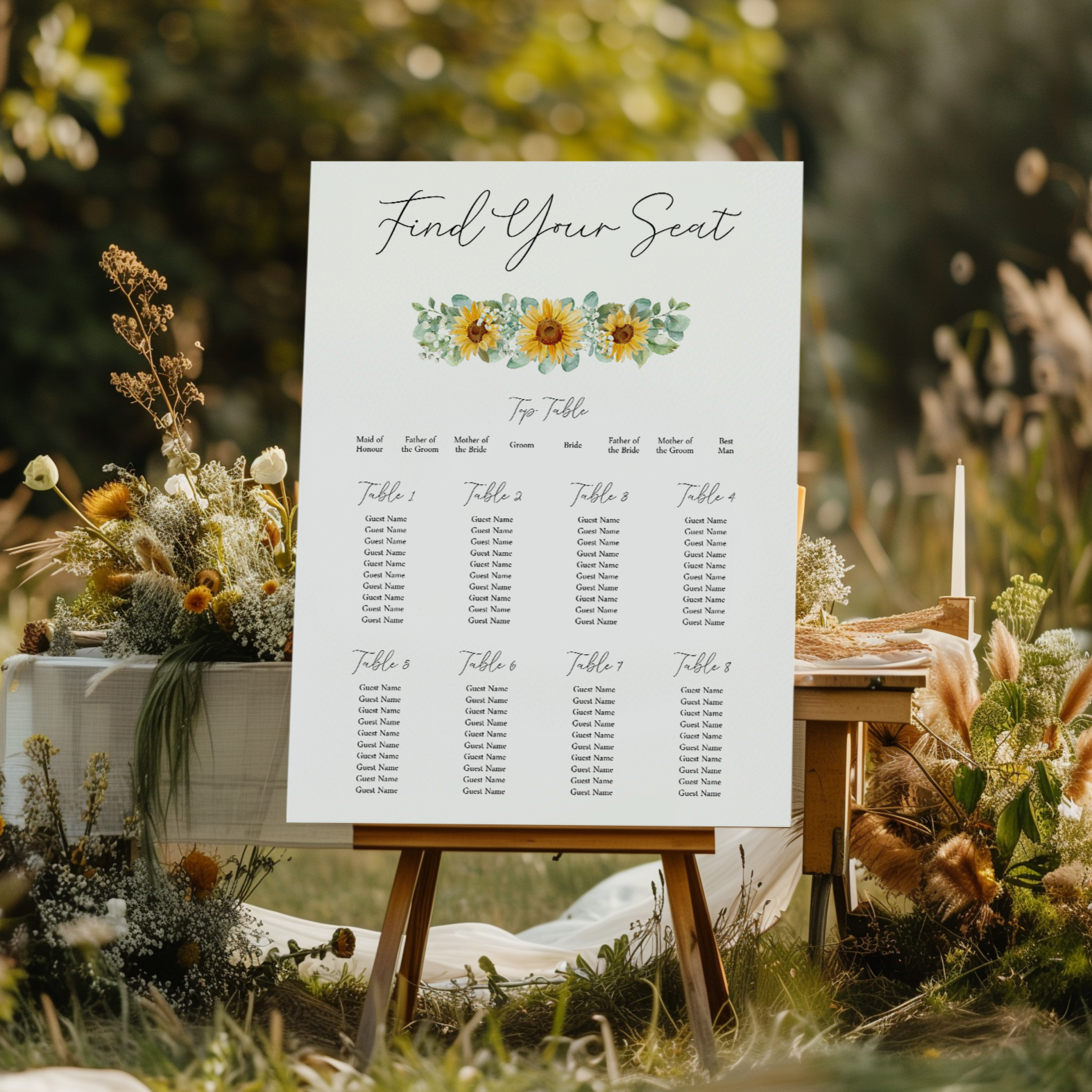 Sunflower and Gypsophila Outline Table Plan - White