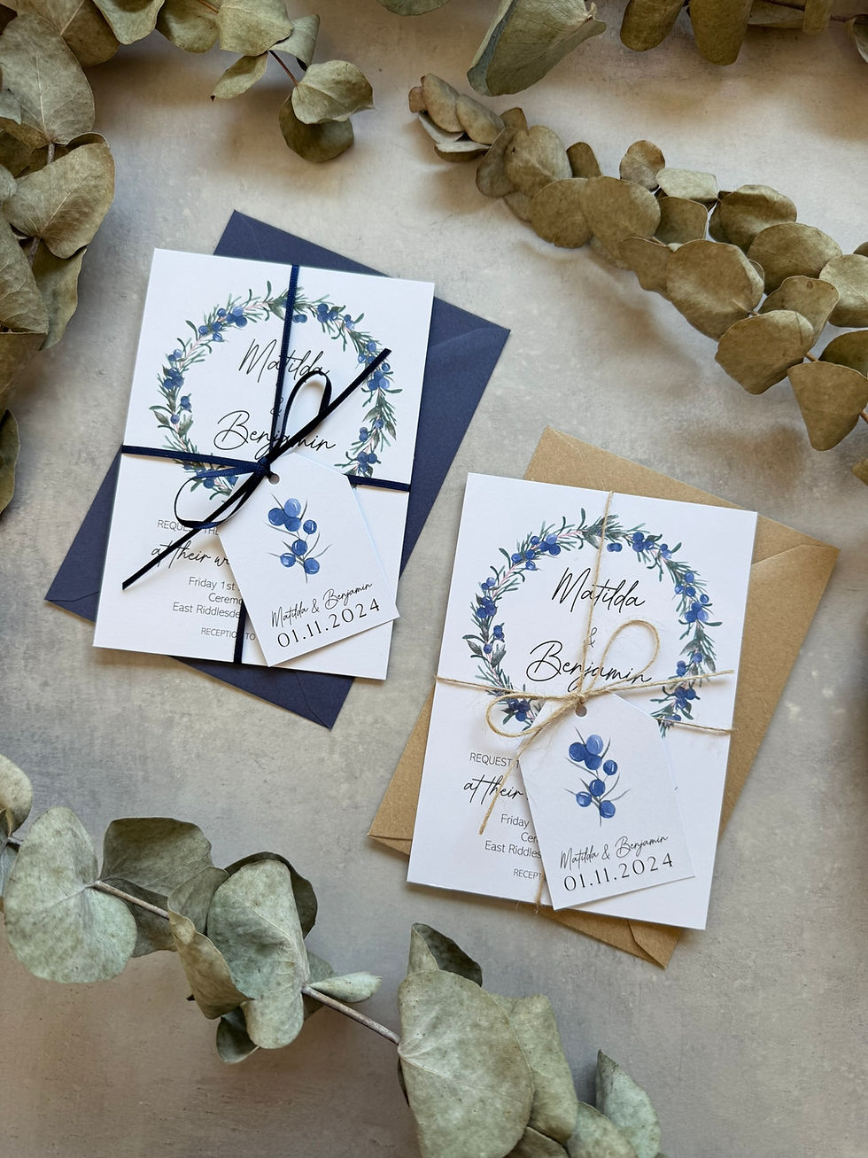 Thumbnail: Blue Berry Folded Wedding Invitations - White