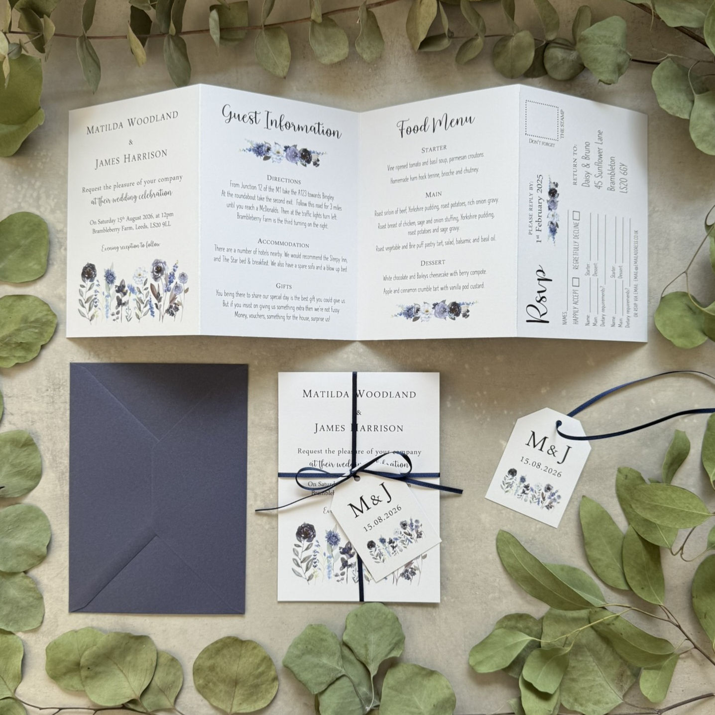 Dark Blue Meadow Folded Wedding Invitations - White