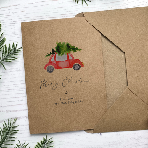 Christmas Landscape Card Design Retro Red Car Tree Top Merry