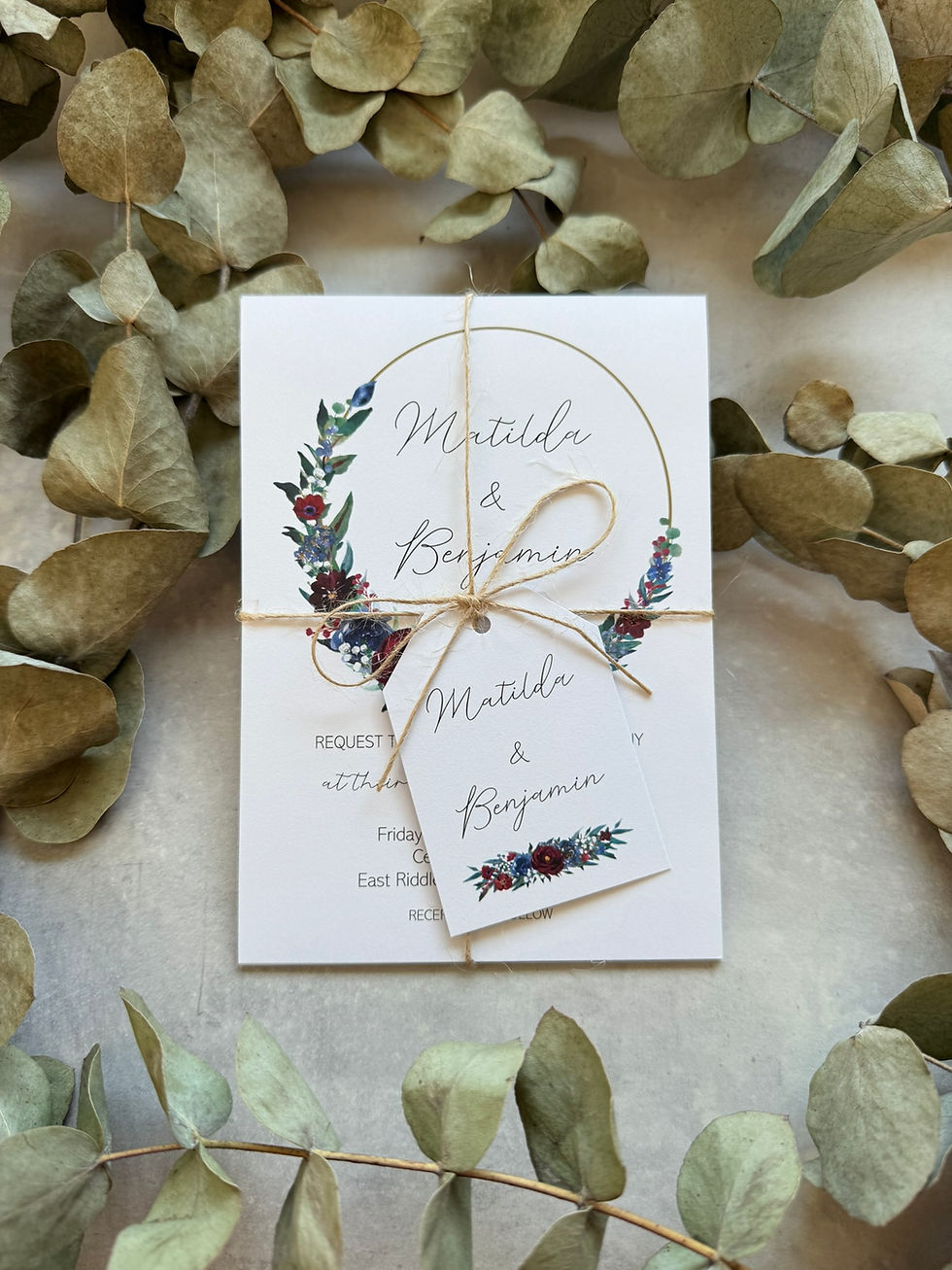 Thumbnail: Seed Paper Wedding Invitation - Burgundy & Blue Flowers