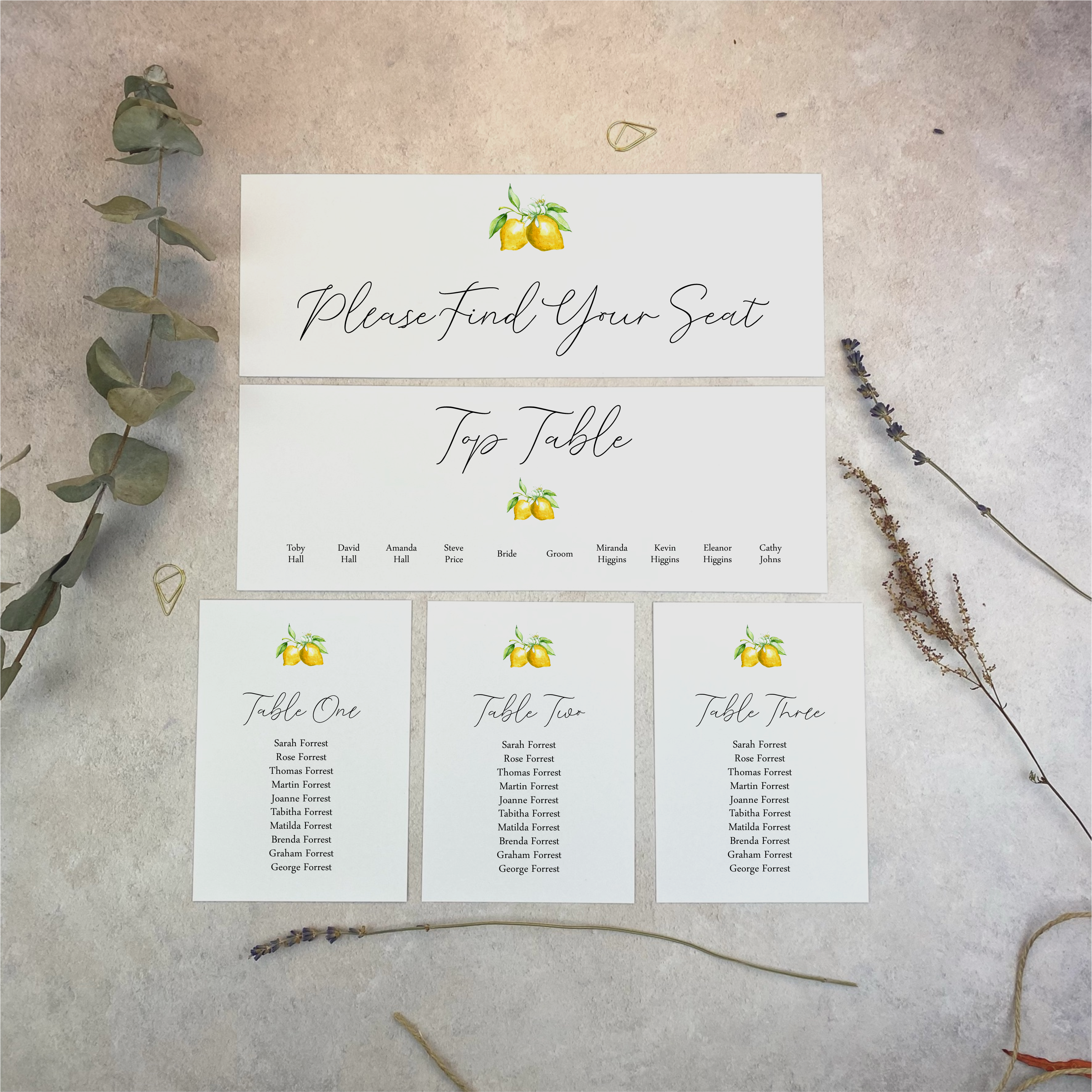 Lemon Individual Table Plan Cards - White