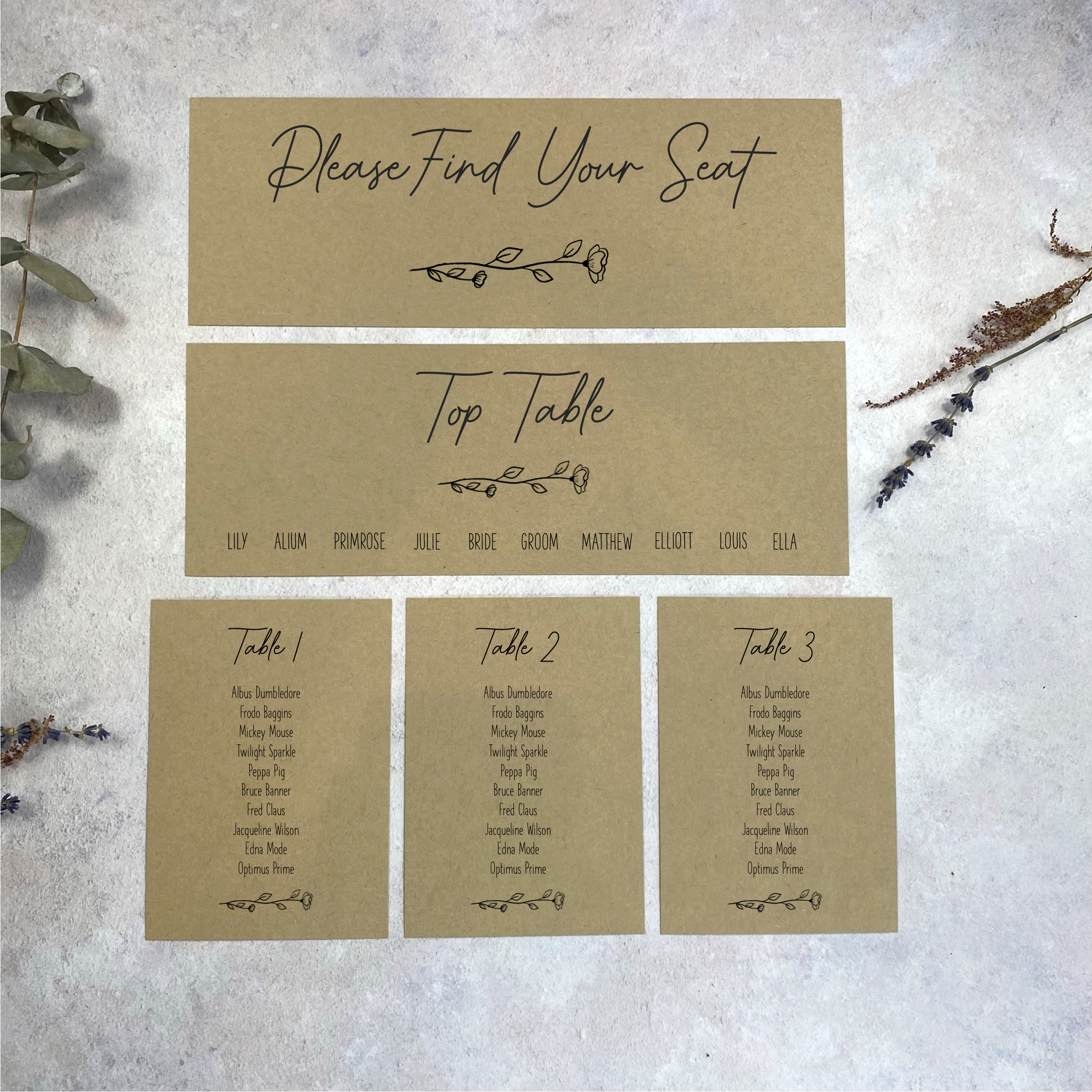 Floral Outline Individual Table Plan Cards - Kraft