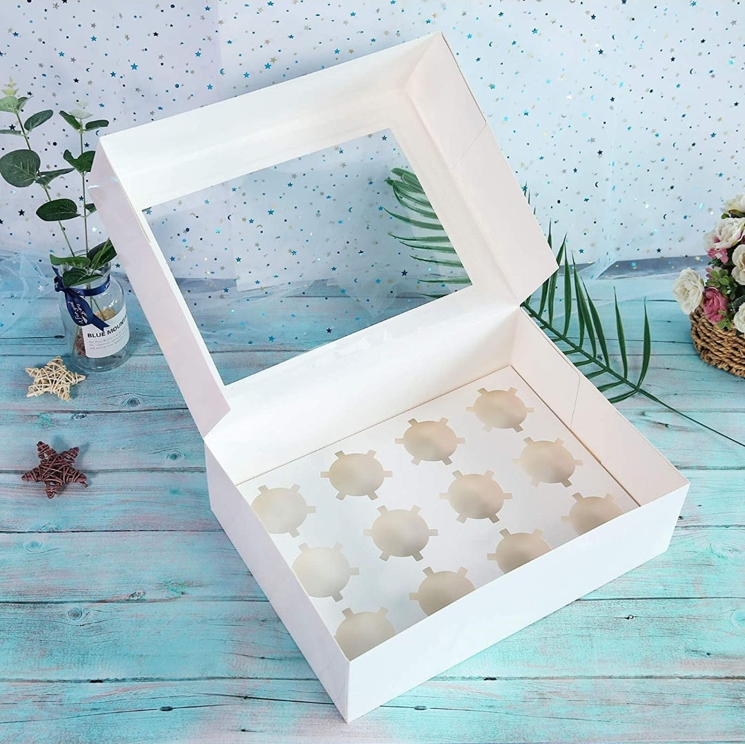 White Cupcake Boxes 12 Holders Cake Carrier Food Grade Kraft Pop-up Bakery Boxes