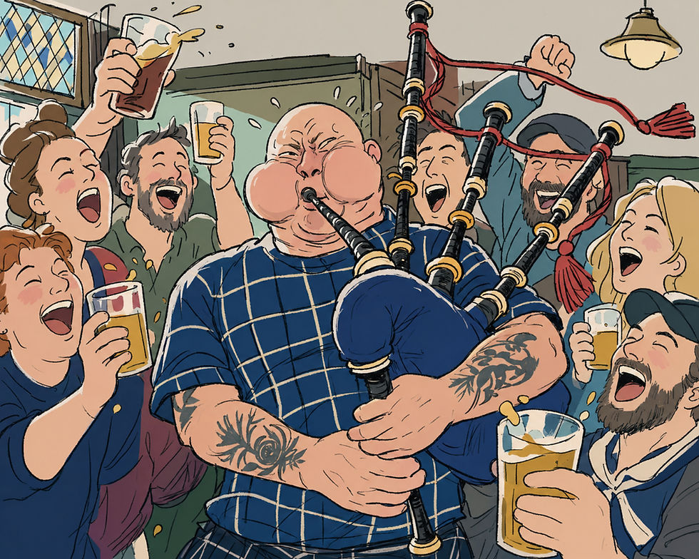 and-drawn illustration of a bagpiper playing inside a crowded Boston pub as laughing soccer fans raise glasses of beer around him.