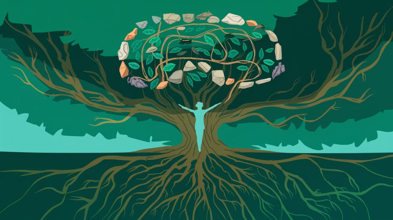 Artistic illustration of a majestic tree with deep roots and expansive branches integrating a human silhouette, symbolizing the harmony between the inner self and nature in Nature-based Internal Family Systems Therapy.
