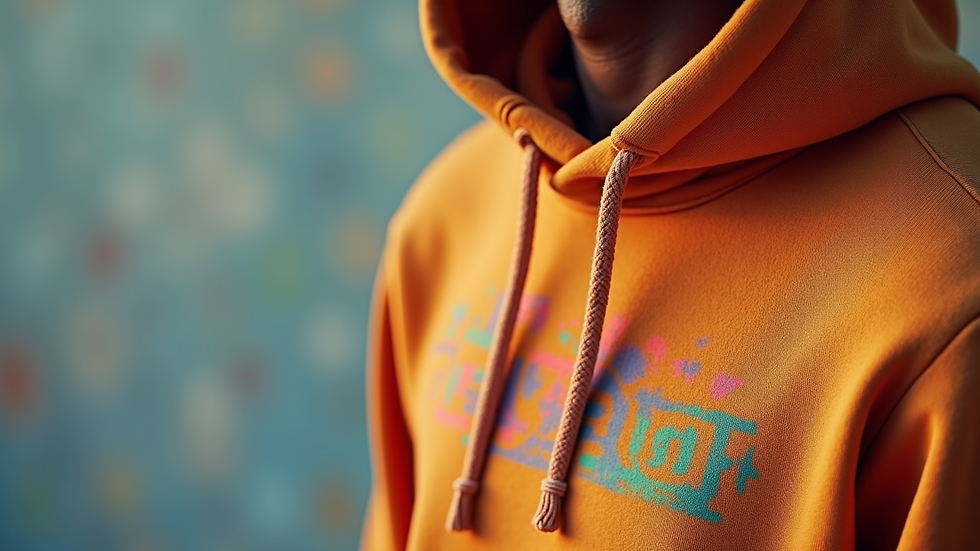Close-up view of a soft fabric hoodie with a colorful design