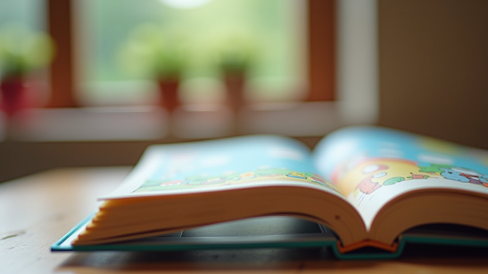 Eye-level view of a colorful children's book open on a tablet