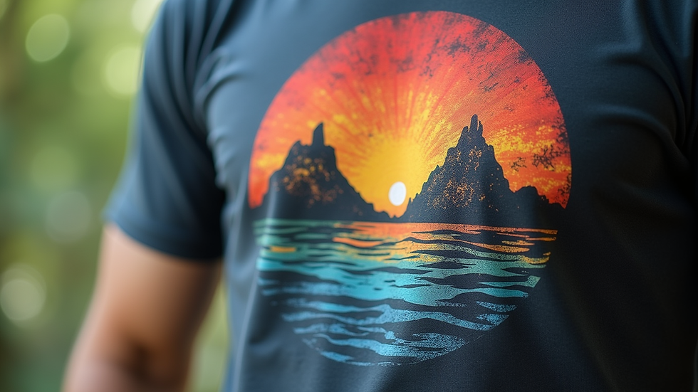 Close-up view of a t-shirt with a colorful historical adventure design