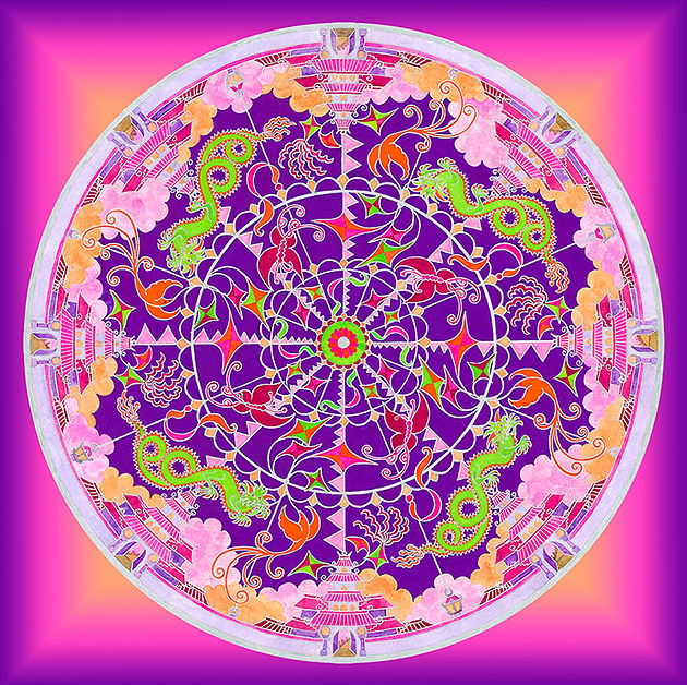 One night in spring, mandala for meditation, healing and decoration, by Prem Shashi; gouache; Japanese walled garden with kites; gel pen; pink, purple, red, orange, green