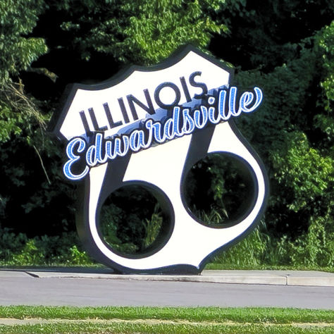 Route 66 sign welcoming visitors to Edwardsville, Illinois