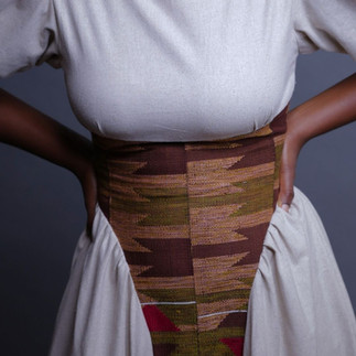 Basque midi modern dress dress made from Ghana kente and linen